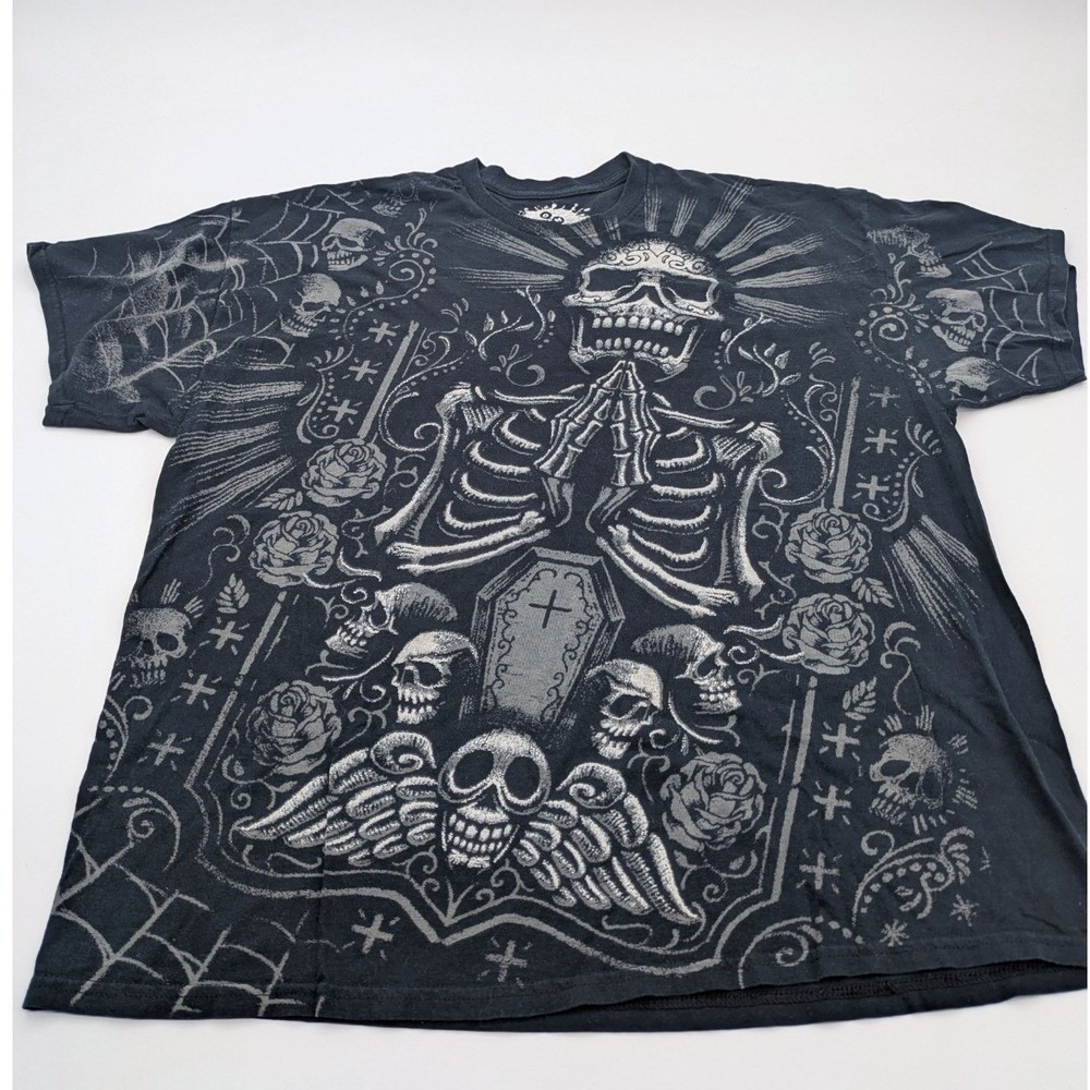 DOM‎ Graphic T-Shirt Day Of The Dead Praying Skeleton Y2K Gothic Streetwear